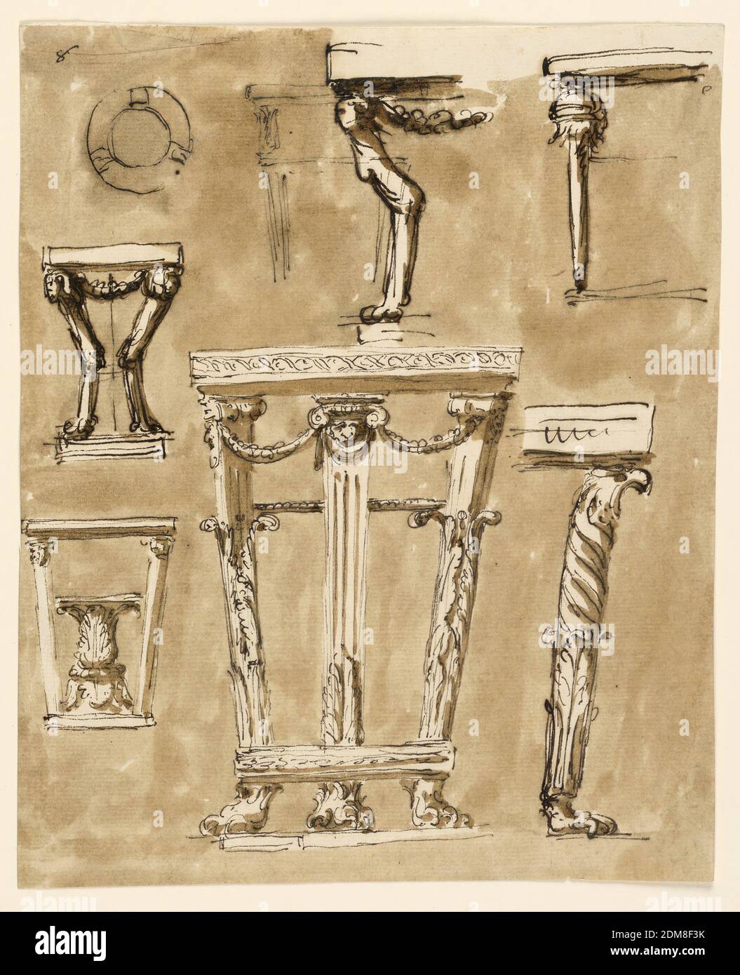 Tables, Giuseppe Barberi, Italian, 1746–1809, Pen and brown ink, brush and brown wash on off-white laid paper, lined, Left row: a plan of a round table, designs for two console tables. The upper one supported by two wingless chimerae, connected above by a festoon and standing in profile upon a base. The lower one is supported by two obliquely outward turned columns upon a base, iupon which stands inside an acanthus plant, probably containing a bowl. Center row: above a sketch of a console table partly overdrawn by the project of the left side of a console table, like the one upper left. Stock Photo