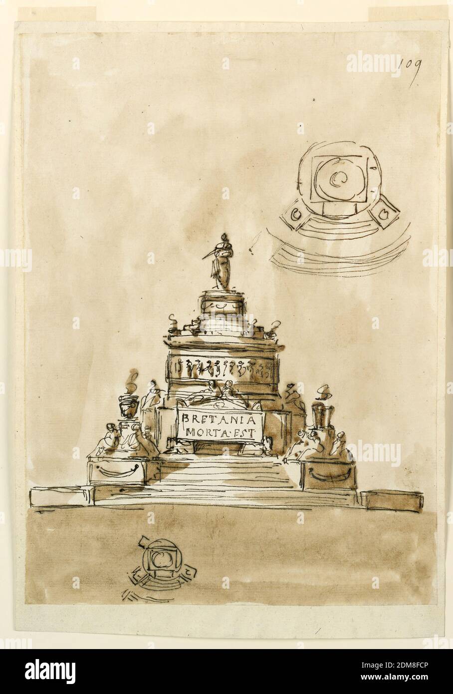 Design for the Elevation of a Sepulchral Monument, Probably for the Young Pretender Charles Edward Stuart (died 1788), Giuseppe Barberi, Italian, 1746–1809, Pen and brown ink, brush and brown wash on lined off-white laid paper, Two sections of circular steps lead to a circular platform. They are interrupted at radial diameters by four pedestals each. The corner ones are empty. The upper ones carry other pedestals with urns with flames; at the corners of the pedestals sit female figures. Upon the platform stands upon a high square vase Stock Photo