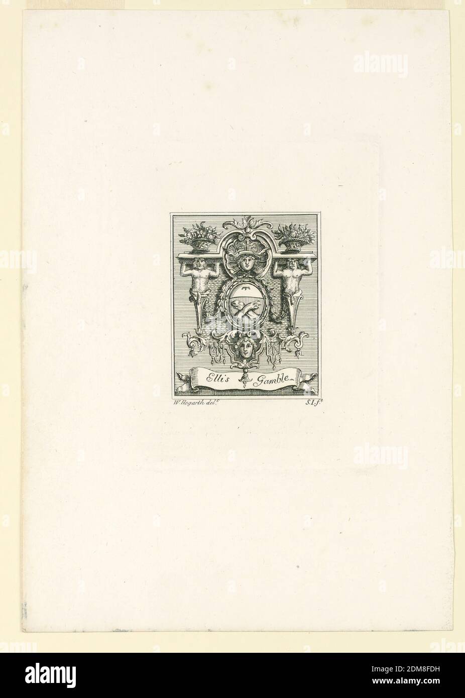 Ellis Gamble S Book Plate Samuel Ireland English Ca 1744 1800 William Hogarth English 1697 1764 Etching On Paper A Small Coat Of Arms Surrounded By A Head Of Mercury Caryatids Basket Of Flowers And