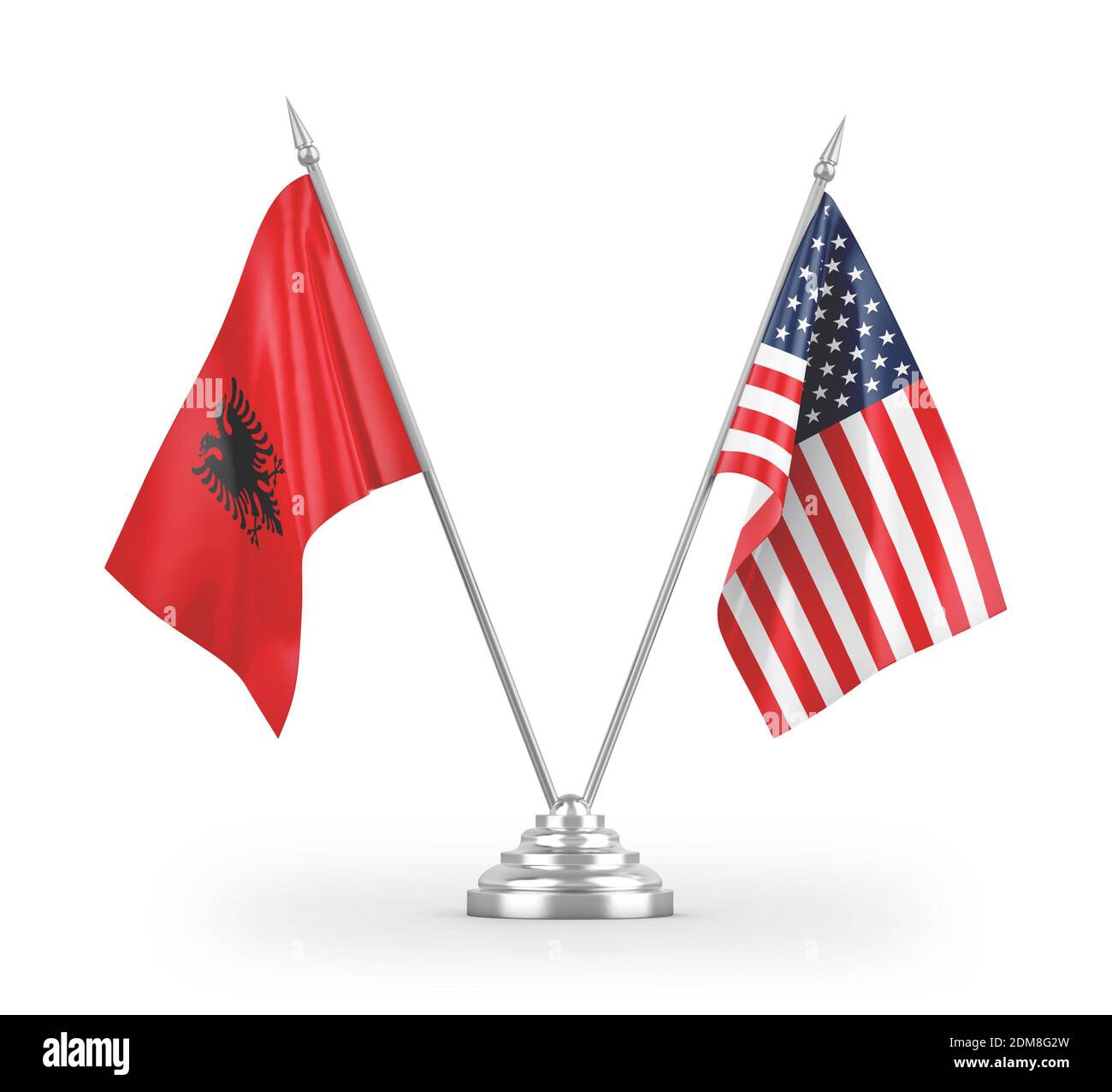 United States and Albania table flags isolated on white 3D rendering Stock Photo