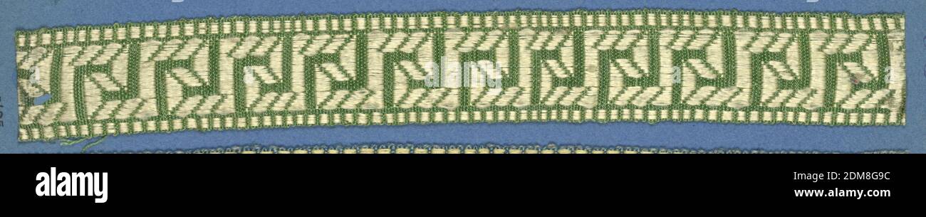 Trimming, Medium: silk Technique: woven, Green and cream trimming fragment in a design of a Greek fret worked in diagonal lines., France, early 19th century, trimmings, Trimming Stock Photo