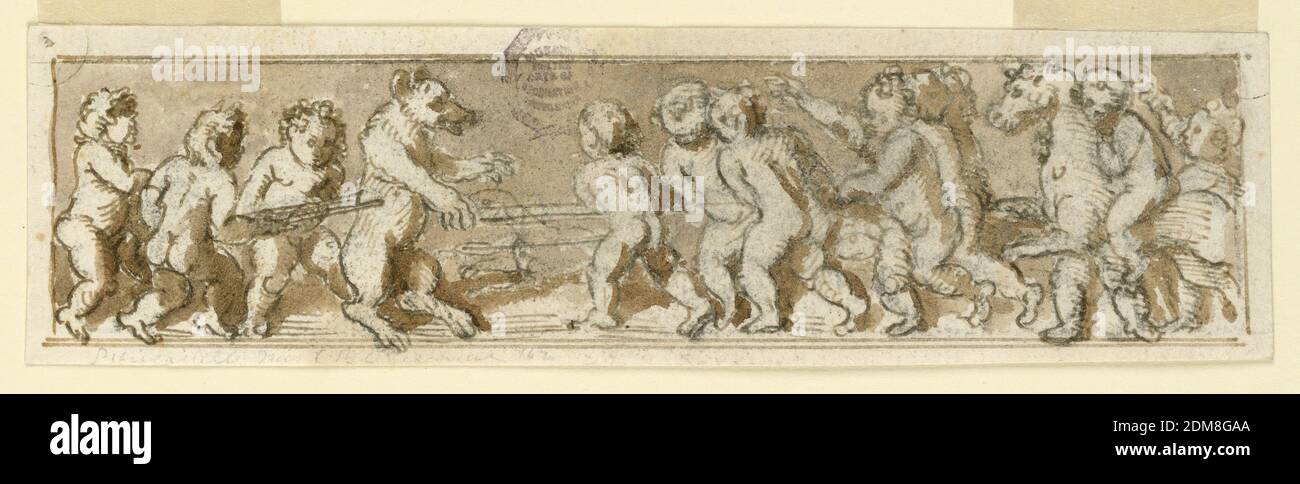 Frieze with Hunting Children, Charcoal, pen and ink, brush and watercolor on paper, Horizontal rectangle with ten children baiting a bear cub. At right, one rides a horse., Italy, 1600–1625, classicism, Drawing Stock Photo