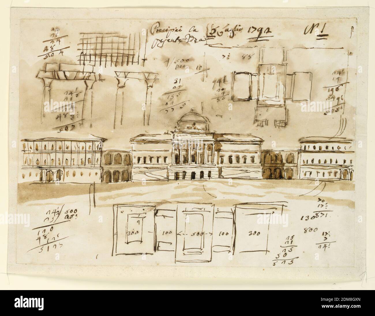 Elevation of Palace, Giuseppe Barberi, Italian, 1746–1809, Pen and brown  ink, brush and brown wash on lined off-white laid paper, Center: most of  the elevation is shown. Three houses are connected by