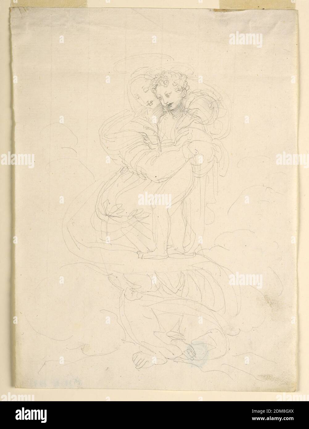 The Virgin and Child, Fortunato Duranti, Italian, 1787 - 1863, Graphite, impressed lines on paper, The Virgin is standing upon clouds, seen frontally. She has her arms around the Child, who stands upon her veil, blown in spirals around her., Rome, Italy, 1820–1850, Drawing Stock Photo