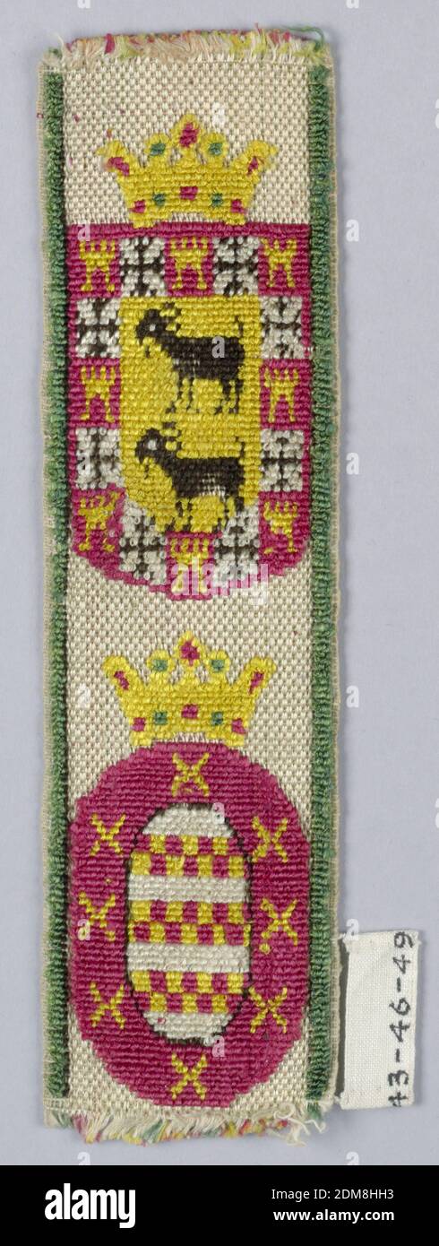 Trimming, White, black, and colored silk in uncut, voided velvet weave., A crowned shield showing two goats in black on yellow ground surrounded by compartments containing, alternately, a castle and a cross; crowned oval showing bands of checkerboard within a border with crosses, in red and yellow., Spain, early 19th century, trimmings, Trimming Stock Photo