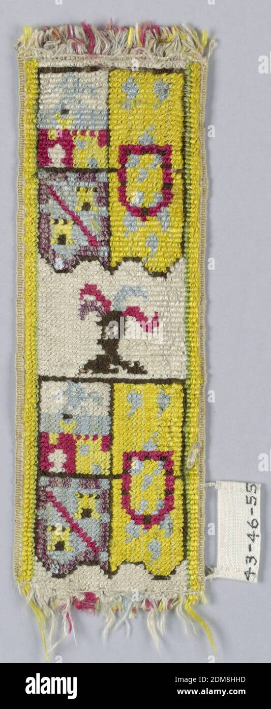 Trimming, Medium: silk Technique: uncut velvet weave, Shield, with plumed helmet above it, showing armorial devices. Colors are yellow, black, red, blue, and purple on white ground., Spain, early 19th century, trimmings, Trimming Stock Photo