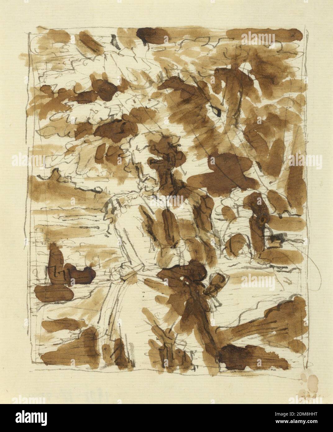 Sketch, Classical Male Figure in Landscape, Fortunato Duranti, Italian, 1787 - 1863, Pen and ink, brush and sepia wash on paper, Sketch, Classical Male Figure in Landscape., Rome, Italy, 1820–1850, Drawing Stock Photo