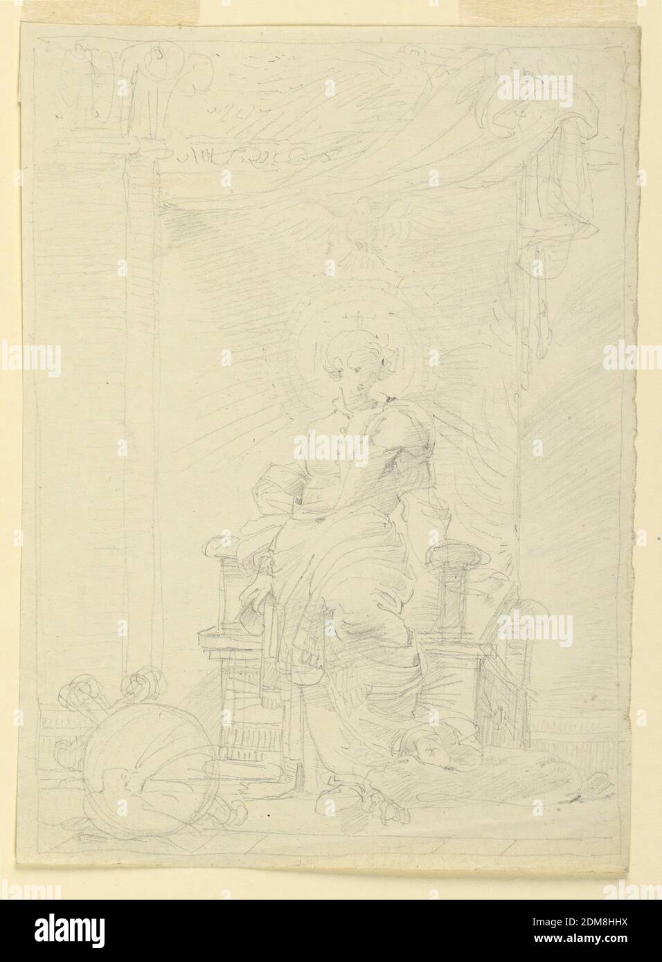 Sketch, Figure in Classical Throne with Attributes of Christianity or War, Fortunato Duranti, Italian, 1787 - 1863, Graphite on paper, Sketch, Figure in Classical Throne with Attributes of Christianity or War., Rome, Italy, 1820–1850, Drawing Stock Photo