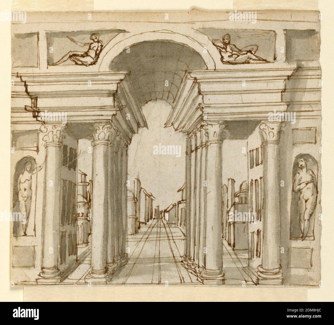 Stage Design: Architectural Perspective, Unknown, Pen and brown ink, brush and grey watercolor wash; on verso: red and black crayon on laid paper., Horizontal rectangle. View through three openings of an arch on a paved street. The lateral openings have straight entablatures, the vault of the central opening is above. Figures lie beside it, some stand in the niches beside the later openings. On verso: Bearded man in a black coat and cape is shown in three-quarter profile, turned toward left., Italy, ca. 1580, architecture, Drawing Stock Photo