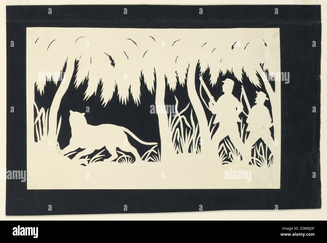 White Men Stalking a Tiger, Silhouette of white paper, cut out, on black paper mount, White men stalking a tiger., England, 1850–1875, Silhouette, Silhouette Stock Photo