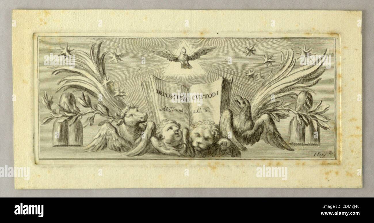 Vignette Referring to the Bible, Jakob Frey, Swiss, active Italy, 1681 - 1752, Engraving with etching on paper, An opened book with the lettering: 'DEPOSITVM CVSTODI / Ad Timoth I. C. 6' rises over the symbols of the Evangelists and is flanked by palm and laurel boughs. Over it the Dove before a triangle. Rays, stars. Laterally are shown the triple mounts and the stars of the coat of arms of Pope Clement XI (1700–1721)., Europe, Rome, Italy, ca. 1715, Print Stock Photo