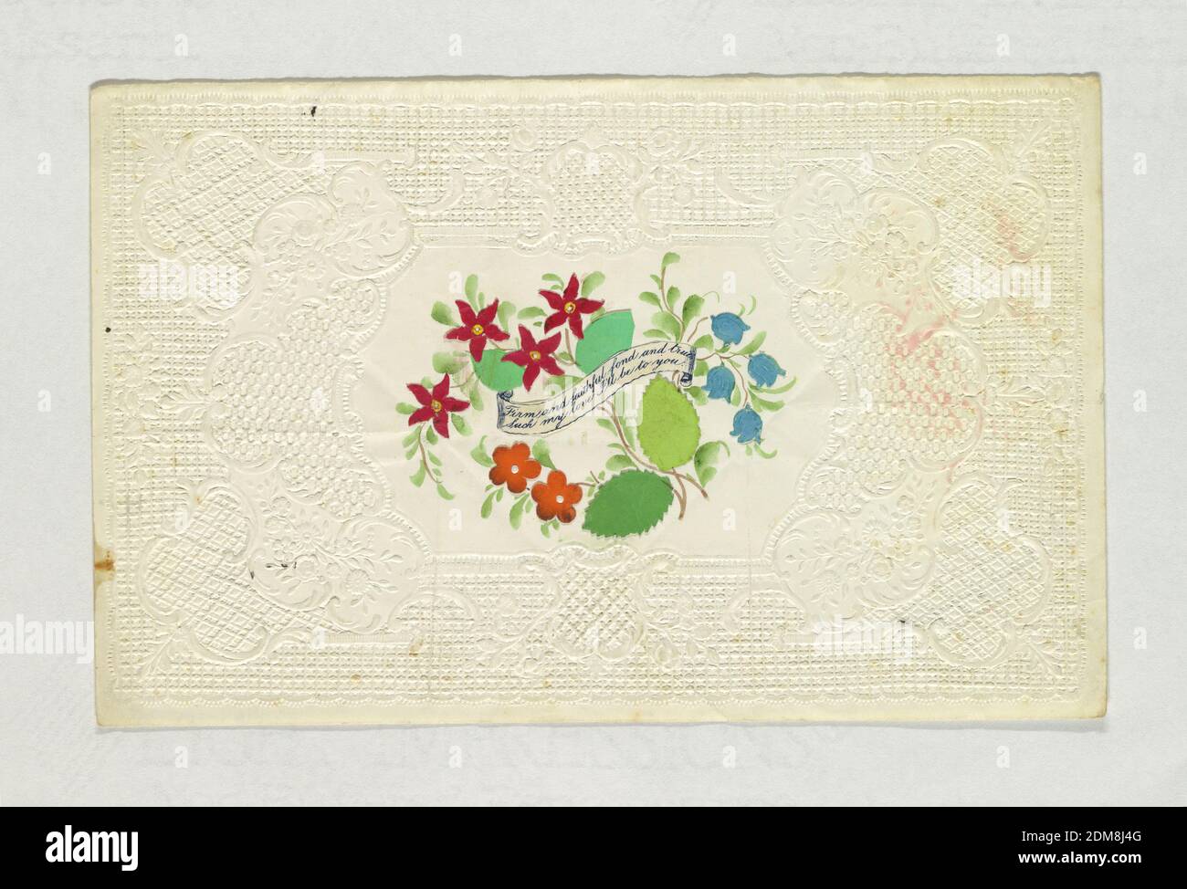 Valentine Greeting, Brush and watercolor, cut-paper on embossed paper, A bunch of flowers in an embossed paper enframement and in the center a printed inscriptional ribbon: 'Firm and faithful, fond and true / Such my love I'll be with you'., United States, ca. 1850, Greeting Card, Greeting Card Stock Photo