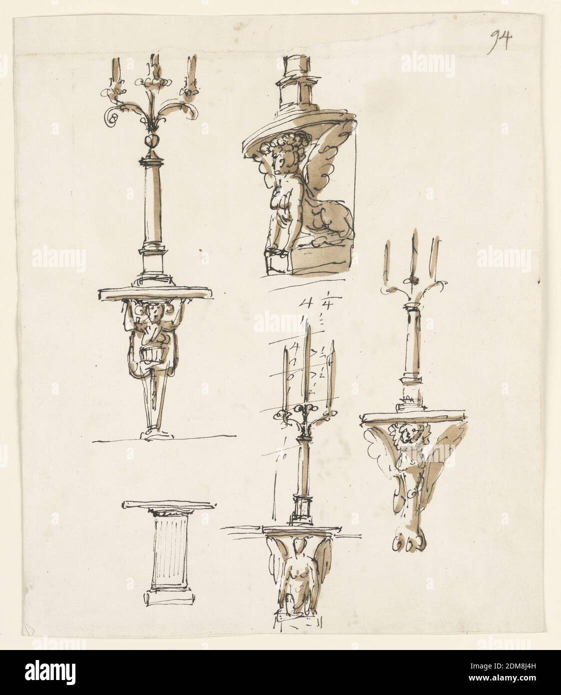 Designs for Five Console Tables, Three with Candlesticks, Probably for Rooms in the Palazzo Altieri, Rome, Giuseppe Barberi, Italian, 1746–1809, Pen and brown ink, brush and brown wash on off-white laid paper, lined, Above the top of the table is supported by the head and the hands of a gaine, above is is a candlestick consisting of a monumental column, with a sphere on top, from which three branches rise. Below: a column supports the top central row; above: A sphynx supports the top; the pedestal of the candlestick is shown. Shown from the left corner. Stock Photo