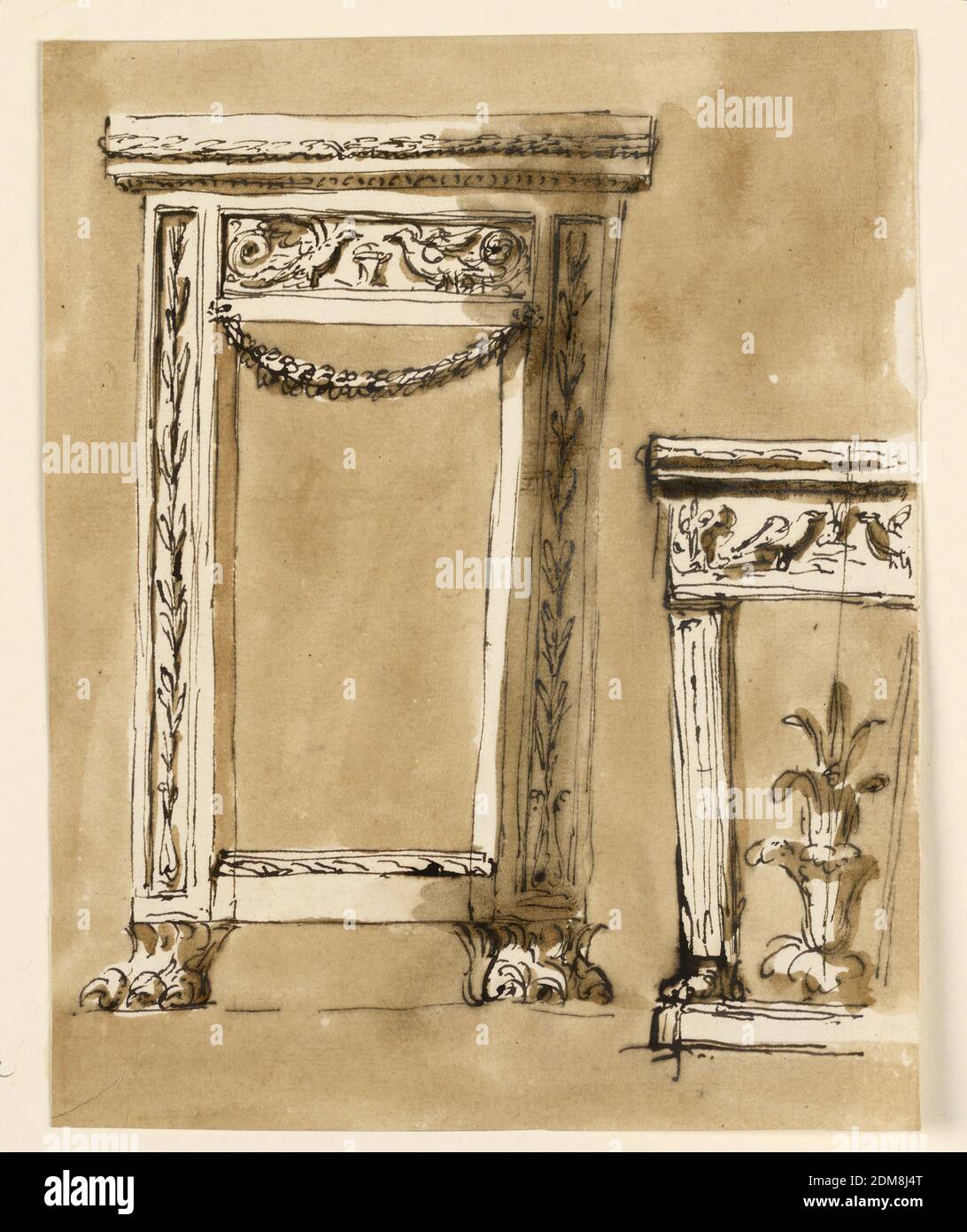 Console tables, Giuseppe Barberi, Italian, 1746–1809, Pen and brown ink, brush and brown wash on off-white laid paper, At left: like -2058, with slight variations of the decoration. At right: a left side. Supported by a pillar with a lion's foot upon a base. The front of the frame and the top are an entablature, with the same bird motif in the frieze. From the center of the base rises an acanthus plant. Usual background., Rome, Italy, ca. 1795, furniture, Drawing Stock Photo
