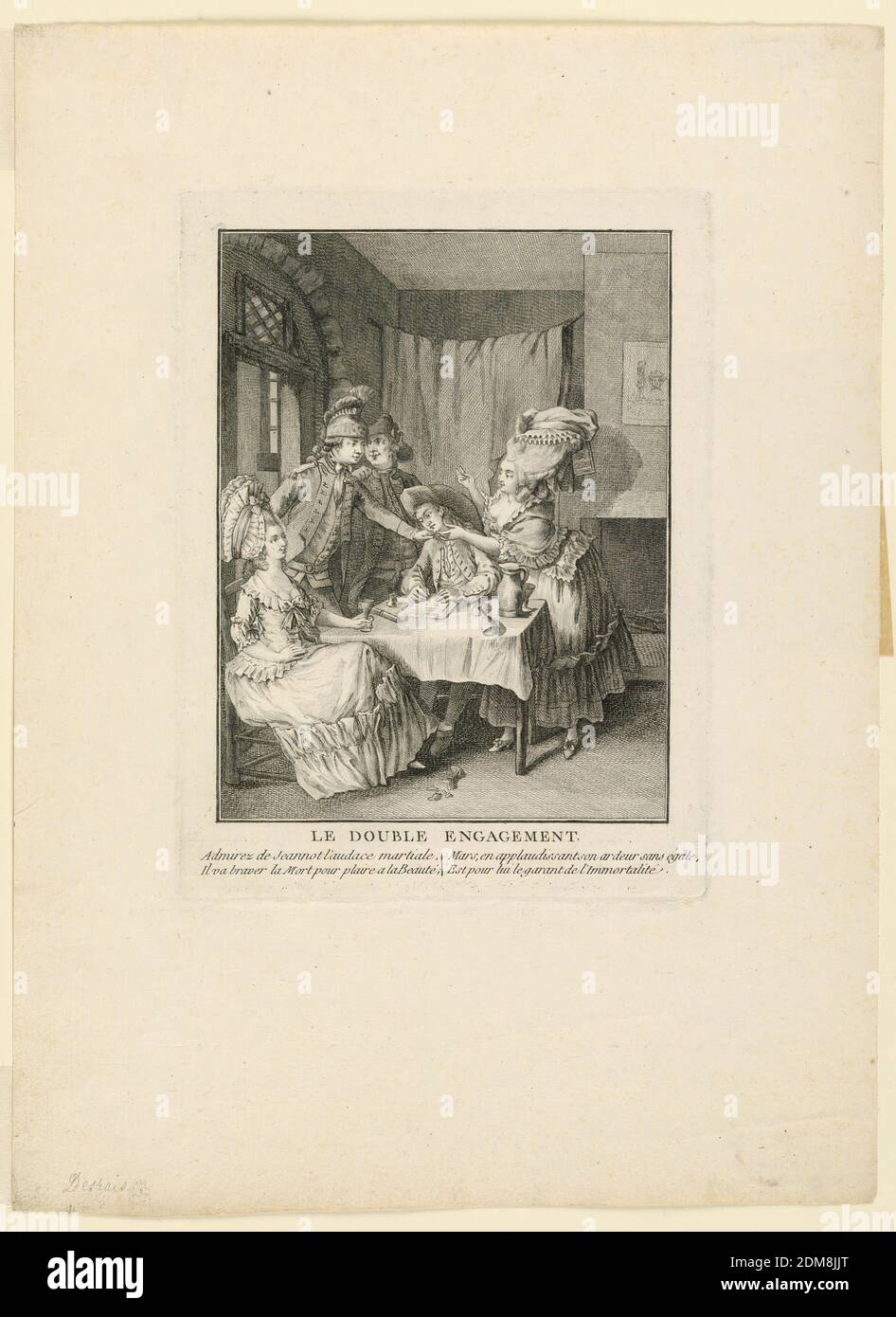 Le Double Engagement, Claude-Louis Desrais, (French, 1746–1816), Engraving on paper, A notary is seen seated at a table in an inn in the act of inscribing a marriage contract, while two couples are grouped near him, and indications of debauchery are to be seen., Paris, France, ca. 1775-1780, Print Stock Photo
