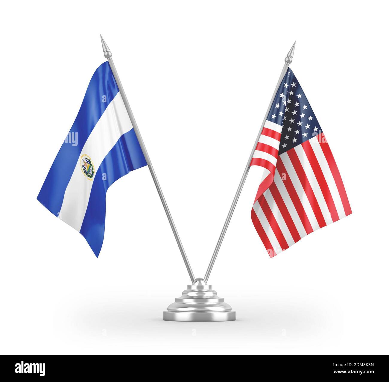 United States and El Salvador table flags isolated on white 3D rendering Stock Photo