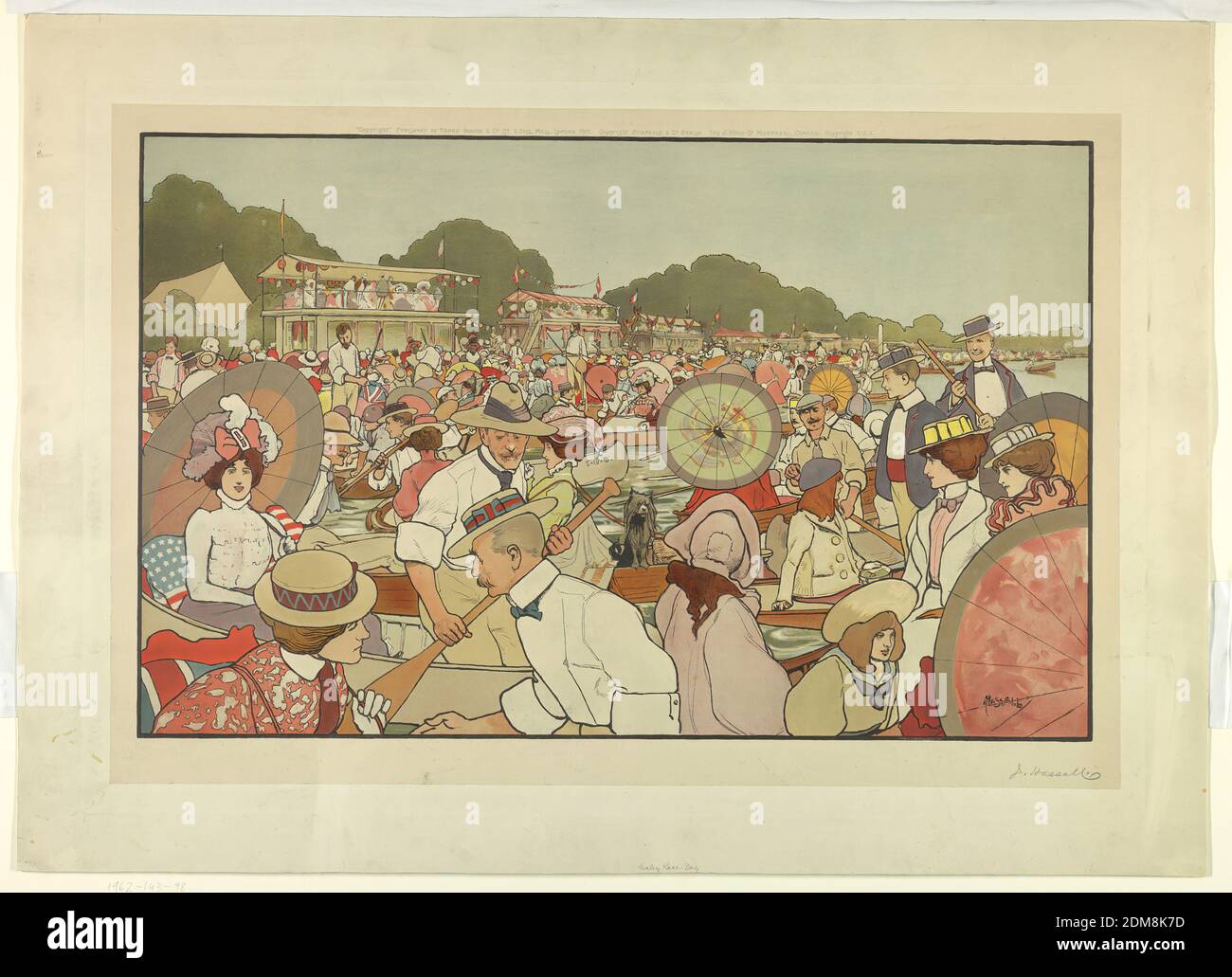 Henley Race Day, John Hassall, British, 1868 - 1948, Henry Graves, British, 1806 - 1892, Chromolithograph on paper, mounted, One bank of the Thames at Henley, with many crowded boats and pavilions. The figures, boats, trees, etc. all outlined in black. Artist's name, lower right, and below in graphite. Publisher's name and date above., London, England, Paris, France, 1901, chromolithograph, chromolithograph Stock Photo