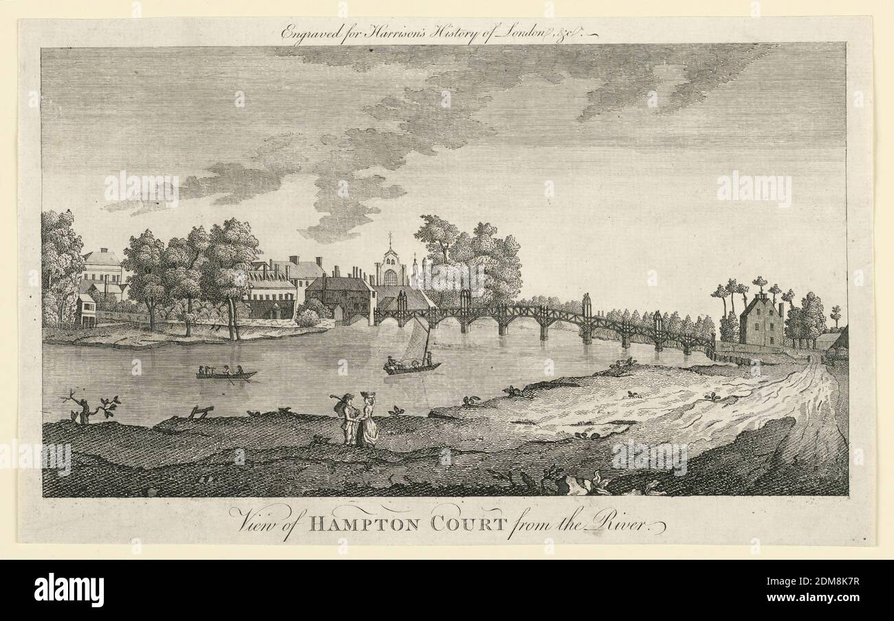 View of Hampton Court from the Thames River, from Walter Harrison's History of London, John Cooke, English, acitve 18th c., Engraving on paper, The view is taken looking down the Thames River, which is spanned in the middle distance by a wooden bridge. In the left distance appear the buildings of Hampton Court Palace. Inscribed below: 'View of HAMPTON COURT from the River', and at top: 'engraved for Harrison's History of London, etc.', London, England, ca. 1750, Print Stock Photo