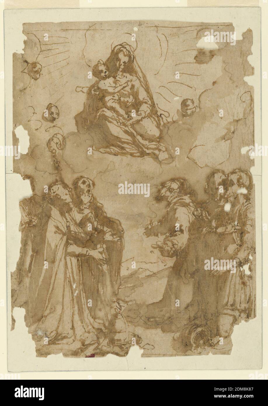 Study for an Altarpiece: the Madonna Worshipped by Saints and, Possibly, Donors, Black chalk, pen and ink, brush and bistre wash on paper, The Virgin is seated upon clouds having the Christ child in her lap. Some cherubim are beside her. On the earth are two groups of three worshippers each. The left one includes a holy pope, the right on Saint Francis. A man in cuirass, at right, and a woman, at left, represent, probably, the donors., Italy, 1530–1560, Drawing Stock Photo
