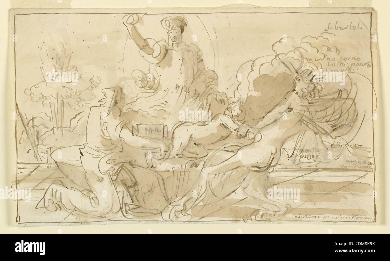 Sketch, Enthroned Figure with Figures Fighting over Child, Fortunato Duranti, Italian, 1787 - 1863, Pen and ink, brush and sepia wash on paper, Sketch, Enthroned Figure with Figures Fighting over Child, Rome, Italy, 1820–1850, Drawing Stock Photo