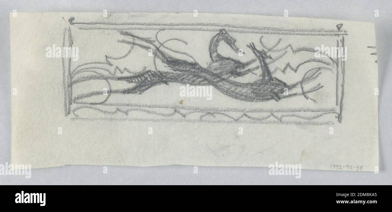 Two Hounds at Play, William Hunt Diederich, American, b. Hungary, 1884–1953, Graphite on tracing paper, Within a rectangular frame with ornamental border at bottom, two stylized depictions of Hounds. The hounds are running, facing right, their bodies elongated and overlapping and their limbs extended., USA, ca. 1920, figures, Drawing Stock Photo