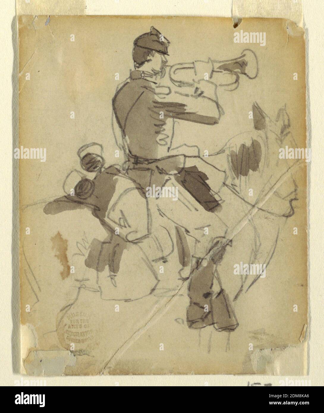 Mounted Bugler, Winslow Homer, American, 1836–1910, Graphite, brush and gray wash on off-white paper, Vertical view of a mounted bugler., USA, 1862, figures, Drawing Stock Photo