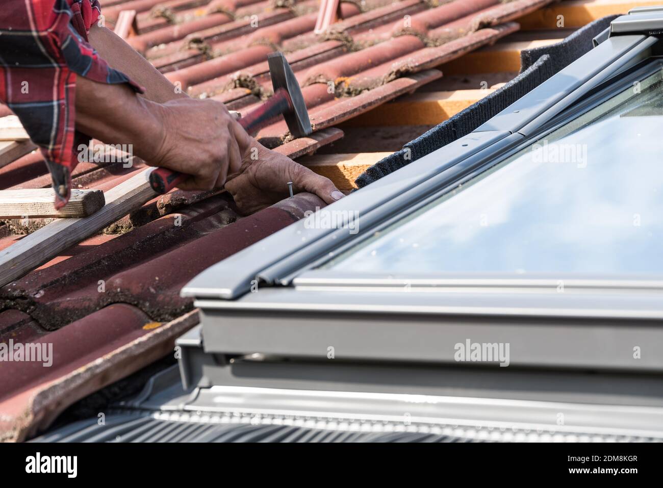 Roofers Installing A Roof Window Closeup Craftsman Stock Photo Alamy