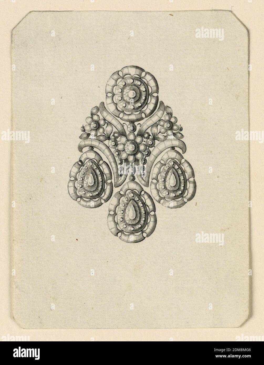 Design for an Earring, Pen and black ink, brush and gray watercolor on light green paper, Jewelry design for an earring. The usual scheme with a disk above and three drops below. In the center, two cornucopia-like frames of ribbons with a flower stem above a row of disks. Bevelled corners., probably Naples, South Italy, Italy, late 18th century, jewelry, Drawing Stock Photo