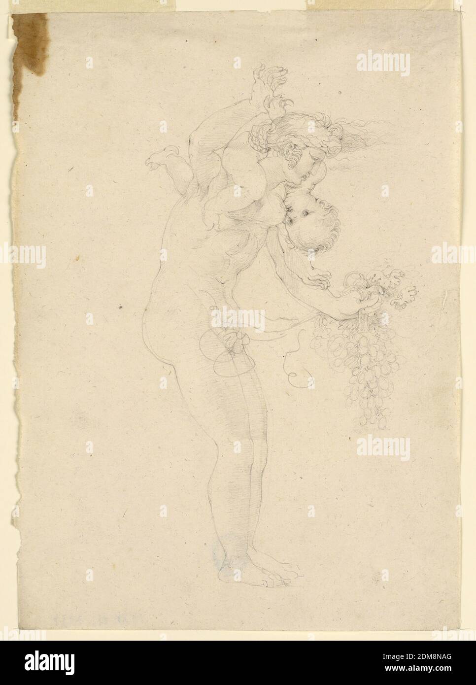 Venus and Cupid, Fortunato Duranti, Italian, 1787 - 1863, Graphite on paper, Standing in profile, toward right. Her left hand is reaching for a bunch of grapes, the right is raised. Cupid is riding upon her shoulders., Rome, Italy, 1820–1825, Drawing Stock Photo