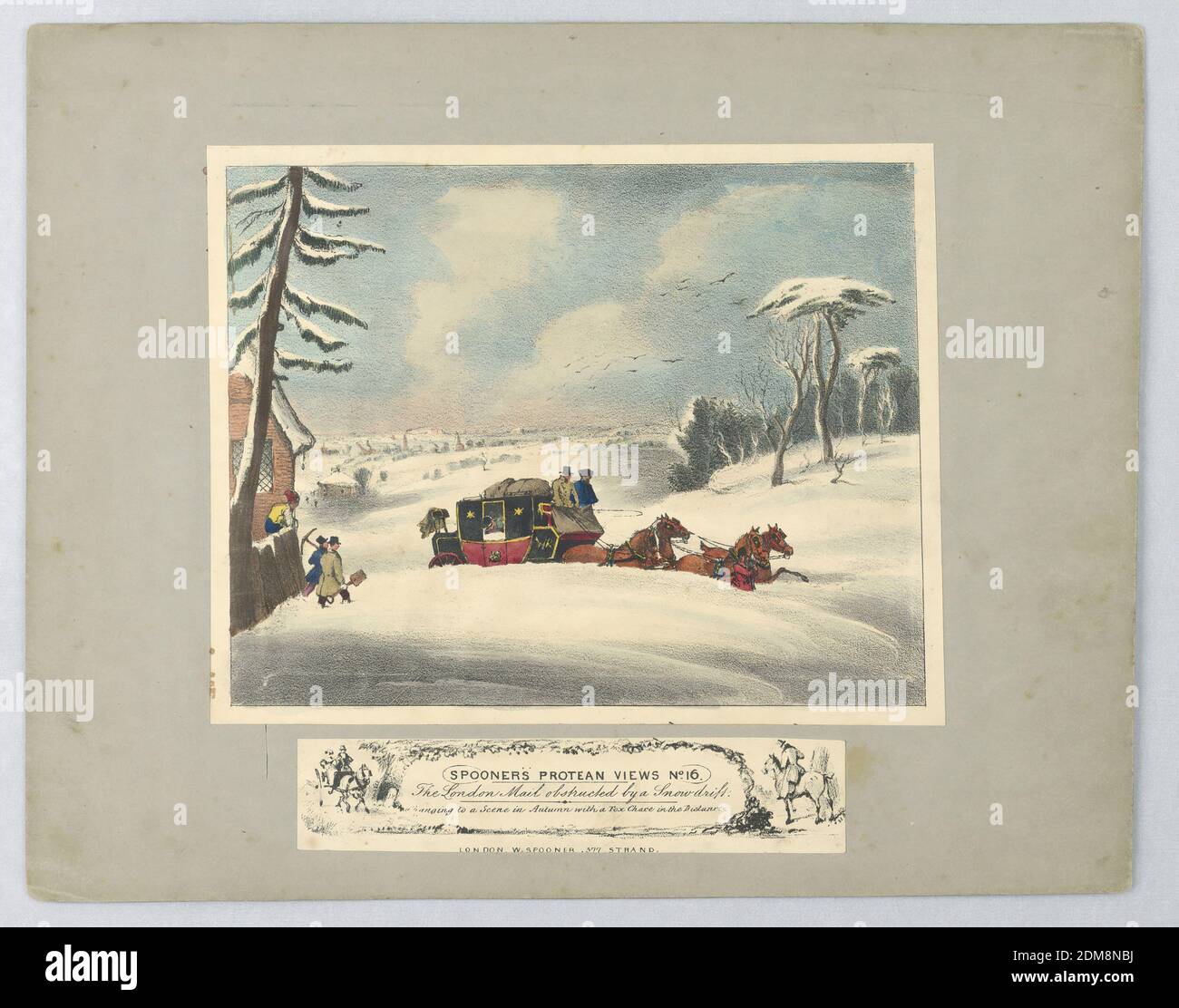 Optical TOy: 'The London Mail Obstructed by a Snowdrift' (Spooner's Protean Views, no. 16), William Spooner, England, active 1830 – 1854, Lithograph, brush and watercolor on paper, mounted, View of a stagecoach making its way up a hill through heavy snow. When held to the light the scene is in autumn with a fox hunt taking place in the distance. Below, title and: 'Changing to a Scene in Autum with a Fox chase [sic] in the Distance'. Below, publisher's name., London, England, ca. 1838, Print Stock Photo