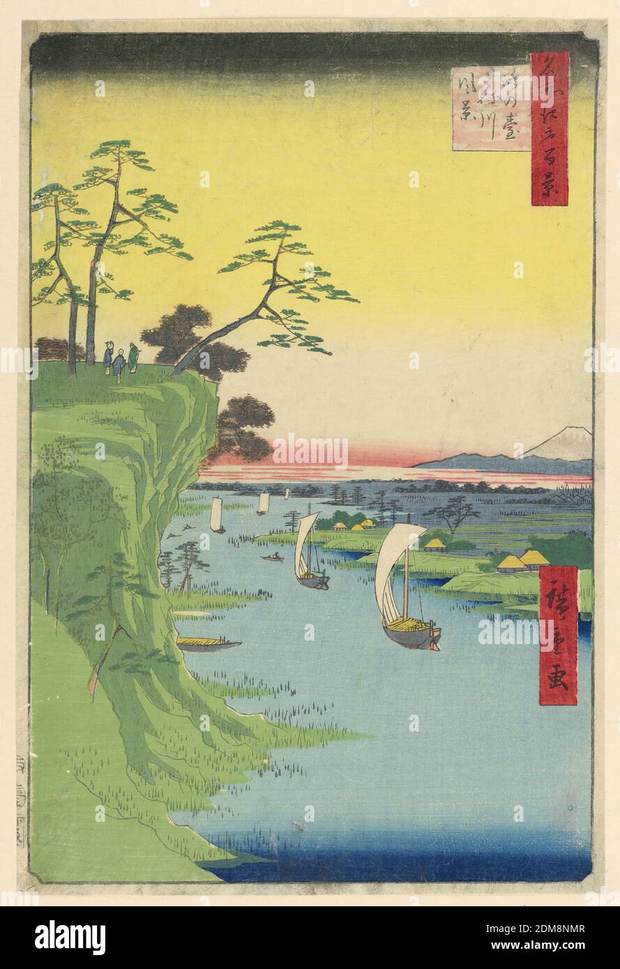 Kondai Tonegawa fukei from the Series One Hundred Views of Edo, Ando Hiroshige, Japanese, 1797–1858, Woodblock print in colored ink on paper, This tranquil view of the bluff at Kondai shows figures observing the ships sailing on the Tone River (today is known as the Edogawa.) The scenic view from this location is why it once played many vital roles in military defense. This location was the site for many battle scenes and became famous to the people of Edo. It became memorialized in historical literature written by Takizawa Bakin (1767-1848.) The outline of the red leaves on the trees Stock Photo