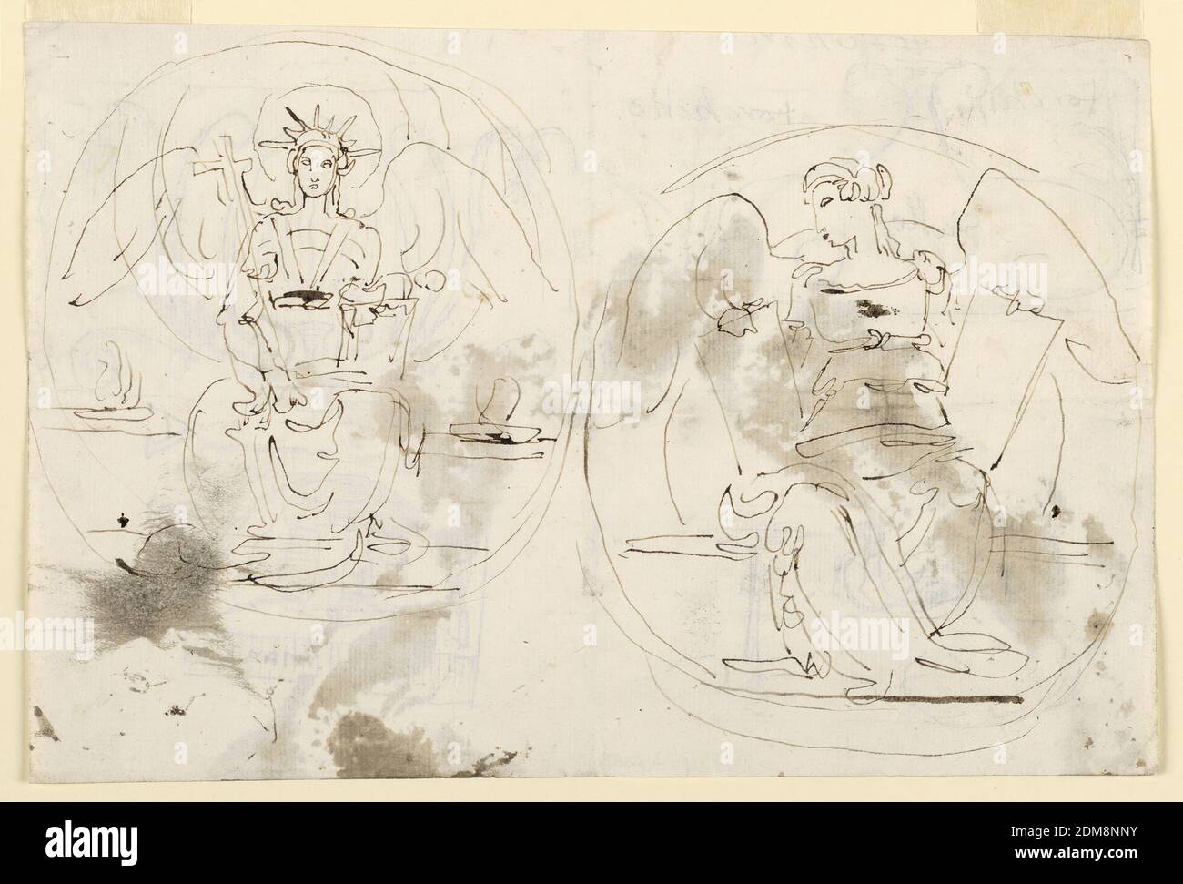 Sketches, Allegorical Figures, Fortunato Duranti, Italian, 1787 - 1863, Pen and ink on paper, Two sketches of allegorical figures; at left, Christian attributes; at right, two tablets (?). Inscription on verso., Rome, Italy, 1820–1850, Drawing Stock Photo