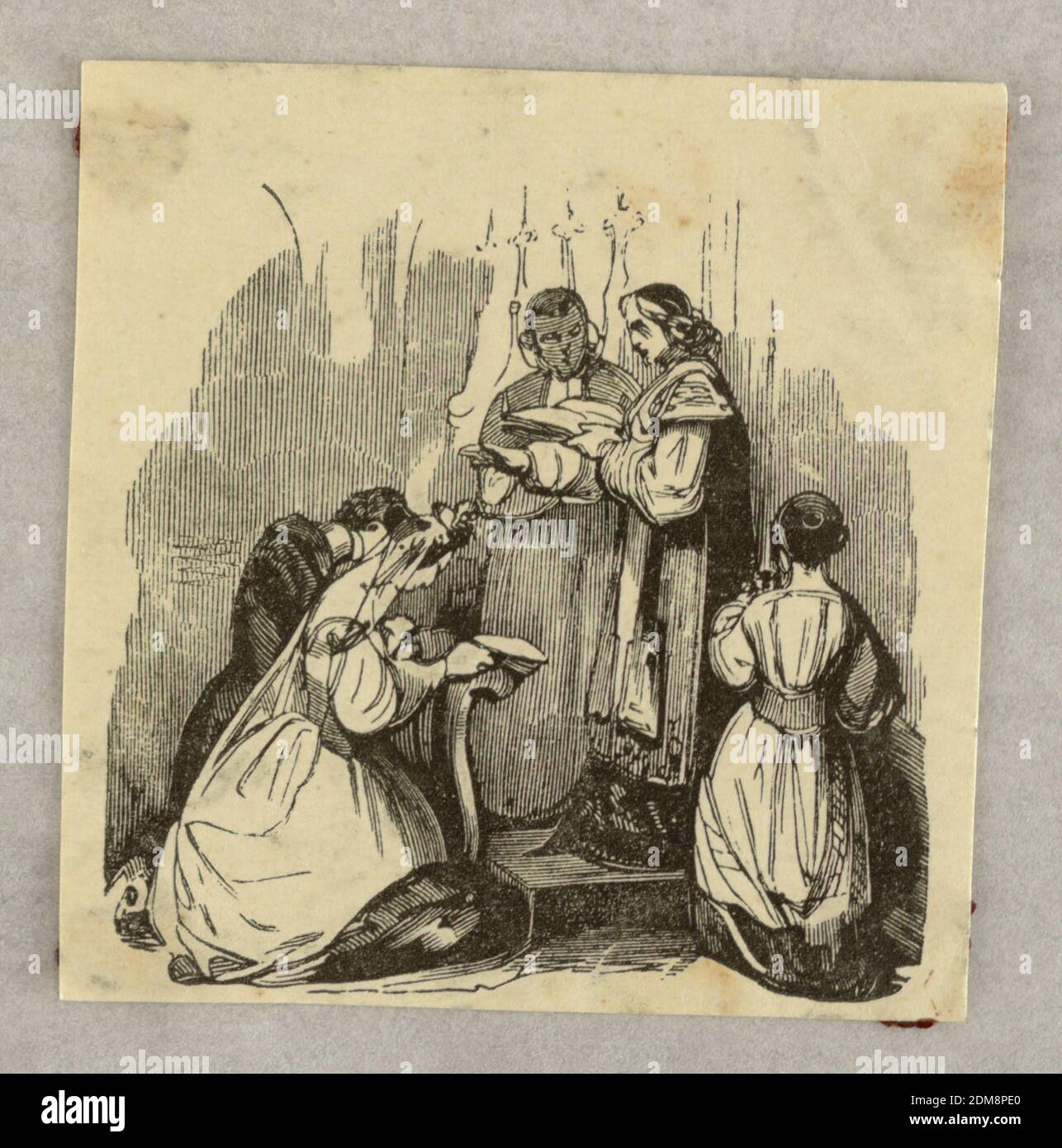 Wedding Ceremony in a Church, Wood engraving on paper, The priest blesses the kneeling