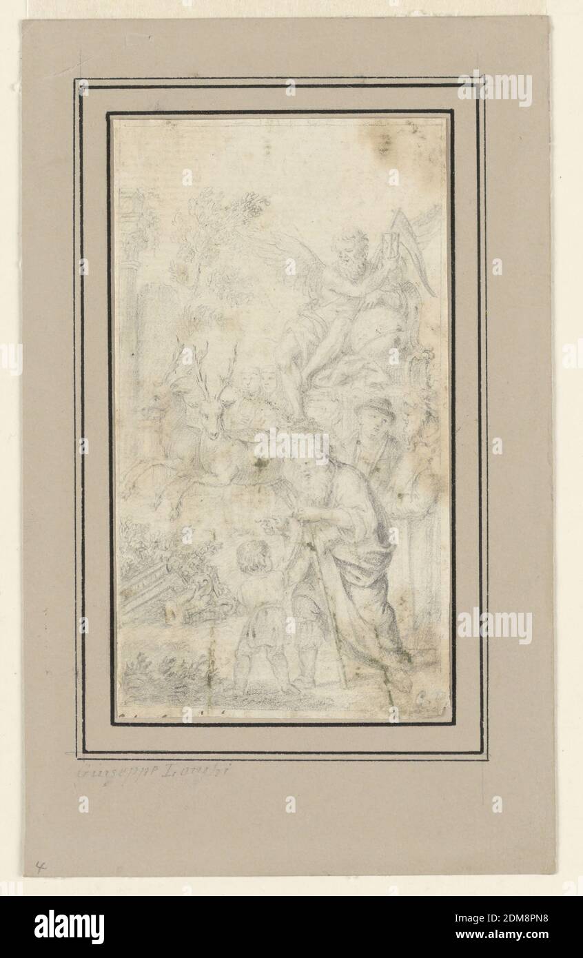 Allegory of Time, Giuseppe Longhi, Italian, 1766–1831, Graphite on cream paper, laid down, An allergorical picture featuring Youth and Old Age walking hand-in-hand amidst classical ruins. Chronos, the personification of time in Greek mythology, is seen above in a chariot drawn by stags. Two figures appear on the right, and two additional faintly drawn figures appear in the center background., northern Italy, Italy, 1790–1830, figures, Drawing Stock Photo