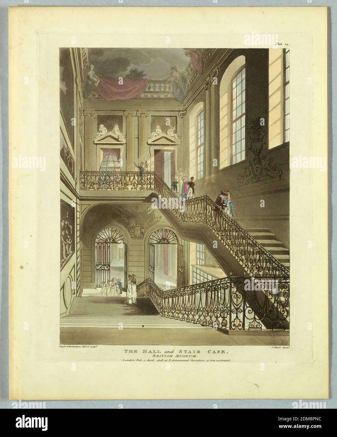 The Hall and Staircase, British Museum, from 'Ackermann's Repository', Thomas Rowlandson, British, 1756–1827, Augustus Charles Pugin, French, active Great Britain, ca. 1762–1832, John Bluck, British, 1791–1832, Aquatint, brush and watercolors on paper, Wide staircase with wrought iron railings, descending to the left, up to the right. Doorways and windows open in the rear and to the right. Title, artists', and publisher's names below., Europe, London, England, 1808, Print Stock Photo