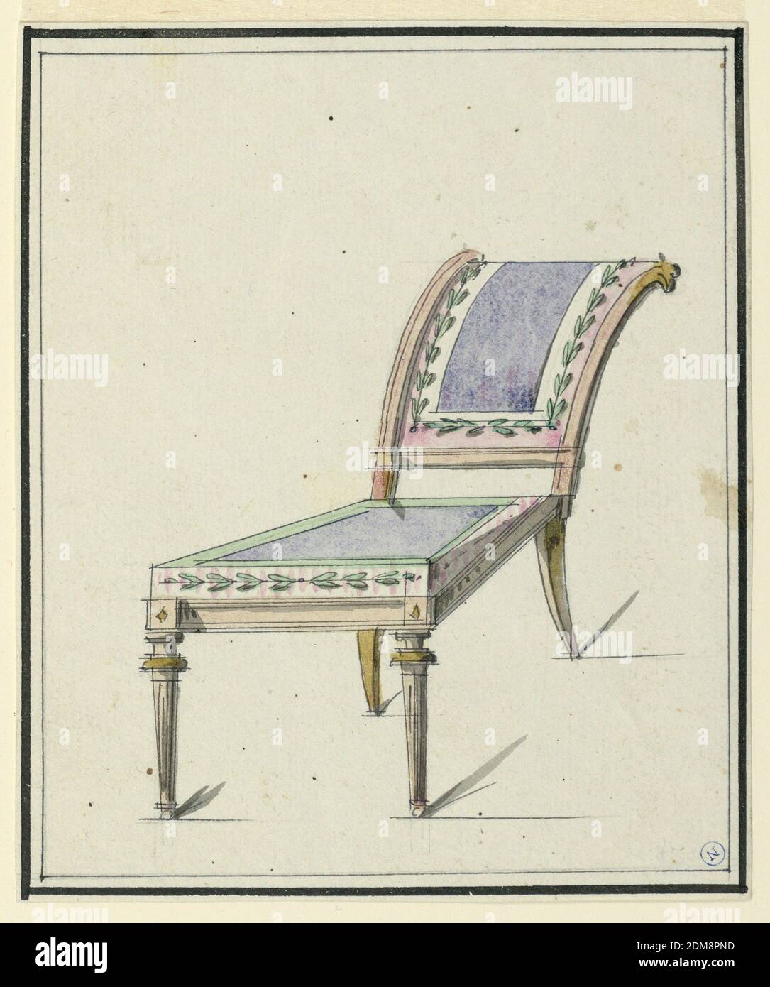 Design for a Chair, Brush and watercolor, grey wash, pen and black ink on white laid paper, Side chair, elongated seat upholstered in purple, bordered with leaf motifs on pink and white stripe. Sloped back, suggesting a reclining chair, upholstered to match the seat., France, 1790, furniture, Drawing Stock Photo