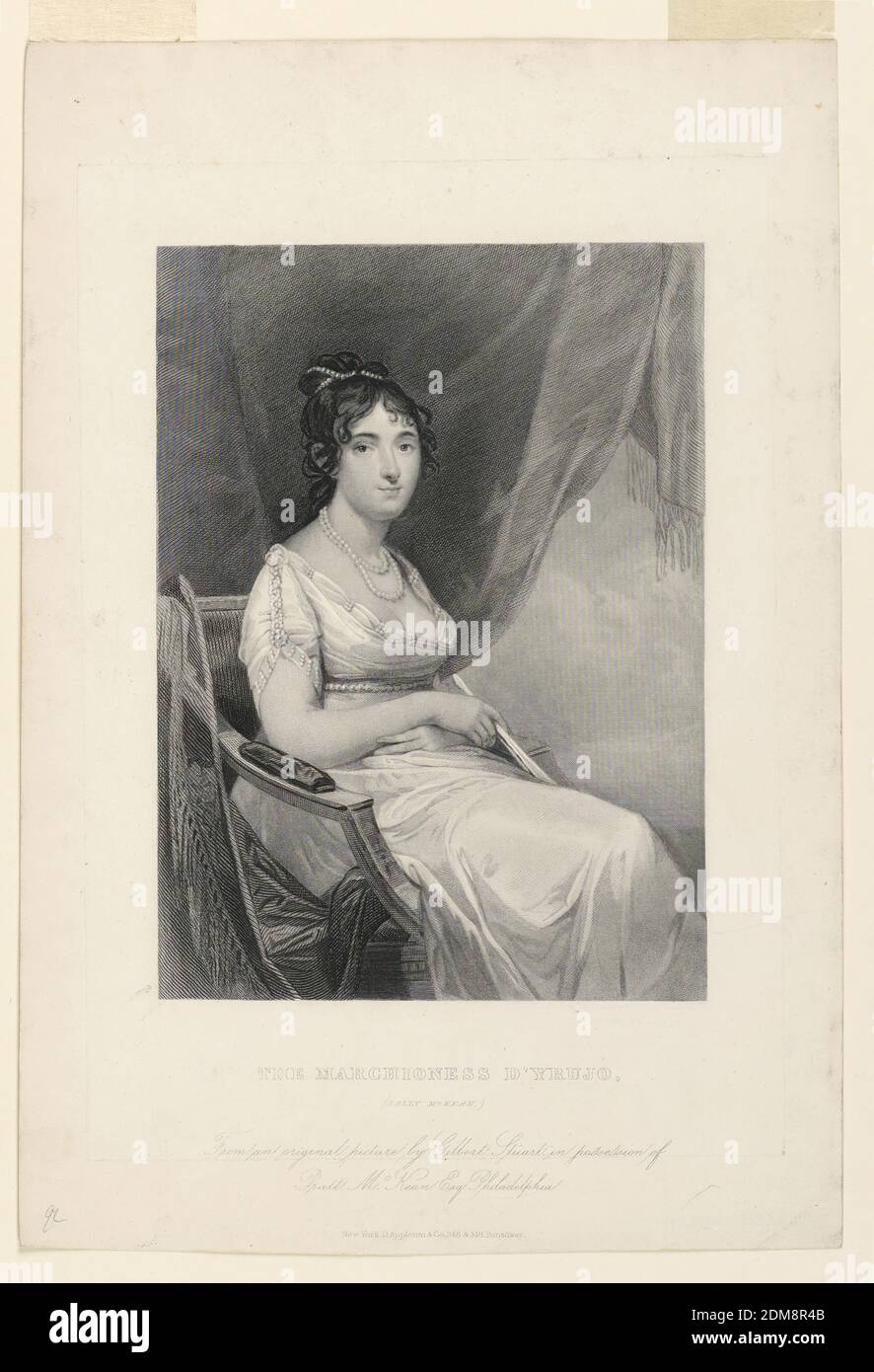 Portrait of Sally McKean, Marchioness of Yrujo, Gilbert Stuart, (American, 1755–1828), Steel engraving on paper, Three quarter length portrait of Sally McKean, Marchioness of Yrujo, shown in a white dress, seated, facing one quarter to the right. She holds a fan in her right hand. Below, sitter's name and inscription., USA, ca. 1830, Print Stock Photo