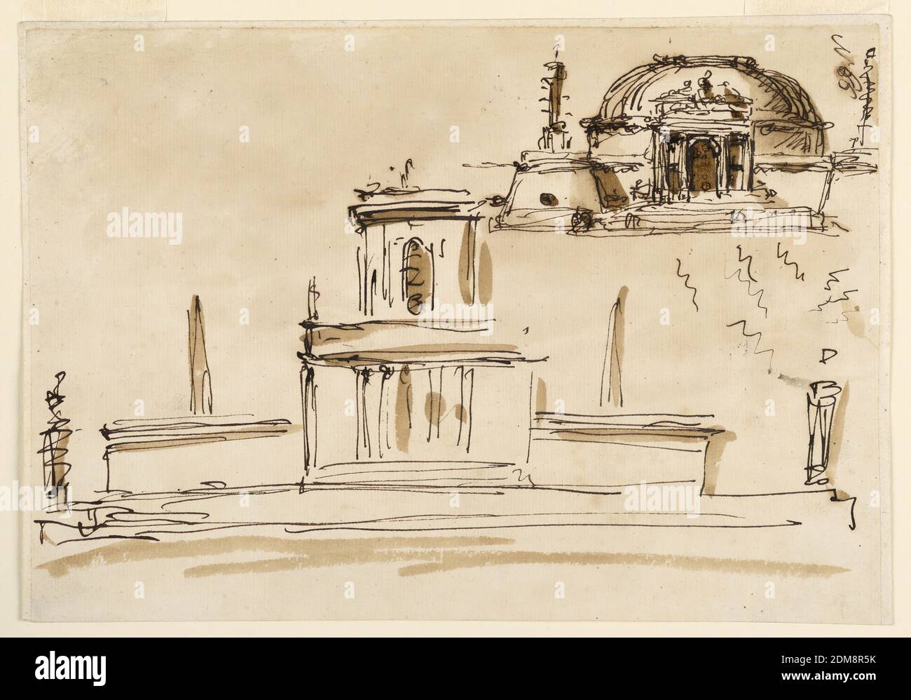 Fountain and a mausoleum, Giuseppe Barberi, Italian, 1746–1809, Pen and brown ink, brush and brown wash on off-white laid paper, lined, Top right: the mausoleum. Steps lead up to the portal of a circular structure wit ha dome. The portal has the shape of a triumphal arch. An urn, flanked by crouching figures, is shown on top. Small conical structures project laterally from the main structure. They are topped by rostral columns. Bottom: the fountain. It consists of a central circular pavilion of two stories which is flanked by basins with springing water. A platform with indistinct motifs Stock Photo