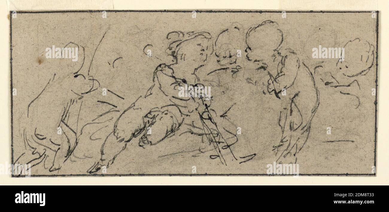Children; Verso: Children and Bacchantes (?), Charcoal, pen and Chinese ink on paper; Verso: brush and bistre wash, Five children, only the uppermost parts are shown of two of them. Verso: at left a sitting child, and a standing one. Center: sketch for a painting. Two persons are shown dancing. Other figures are indistinct. At right is a child carrying a stick with a cross-like head., Netherlands, 1725–1754, Drawing Stock Photo
