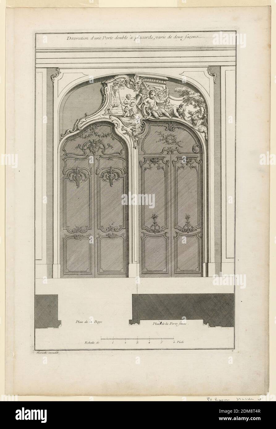 Plate 4, 'Decoration d'une Portal double à placards varie de deux façons', Jacques-François Blondel, French, 1705 - 1774, Jean Mariette, 1660–1742, Engraving on paper, Two double doors in a joint frame with a curved top. Both doors decorated with different carving. Joint overdoor with alternate suggestions of paintings depicting putti. Enclosed in a pediment-like frame. Below, drawing of profile. Inscribed along upper margin, title; lower left: 'Mariette excudit'; lower right: '4'., France, ca. 1727, Print Stock Photo