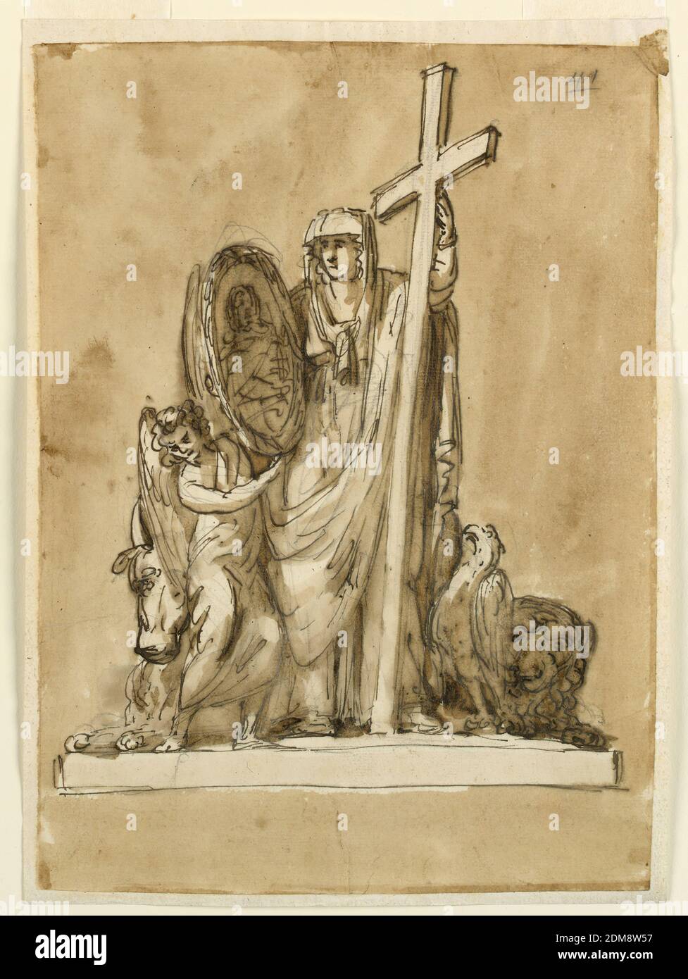 Funeral Decorations for King Louis XVI of France, Giuseppe Barberi, Italian, 1746–1809, Pen and brown ink, brush and brown wash, graphite on lined off-white laid paper, A crowning group similar to those in 1938-88-1302, 1938-88-1311, 1938-88-1318. The medallion with the bust portrait is supported jointly by the women and the angel. At right stands the eagle. Crouching outside are at left the bull and at right the lion., Rome, Italy, 1793, architecture, Drawing Stock Photo