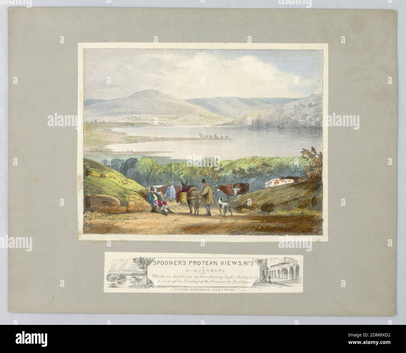 Optical Toy: 'Windermere' (Spooner's Protean Views, no. 7), William Spooner, England, active 1830 – 1854, Lithograph, brush and watercolor on paper, mounted, View of Lake Windermere seen from a hill. When held to the light, the scene shows a railway viaduct across the Lake. Below, title and: 'Which on holding up to a strong light changes to a view of the Viaduct of the Greenwich Railroad.' Publisher's name below., London, England, ca. 1838, Print Stock Photo