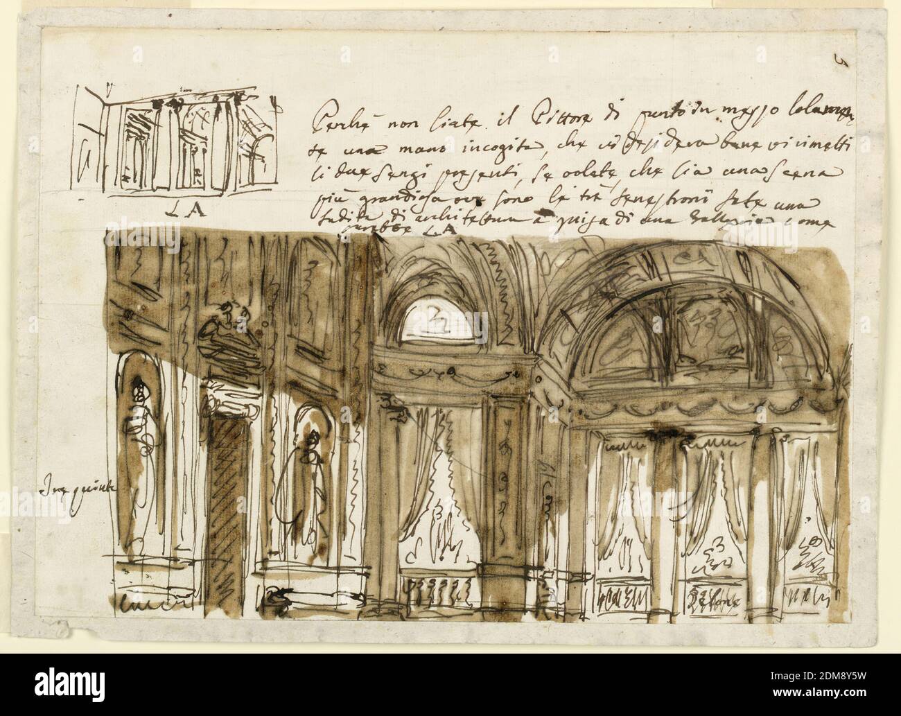 Stage Design for the Interior of a Palace in Classical Style, Giuseppe Barberi, Italian, 1746–1809, Pen and brown ink, brush and brown wash on lined off-white laid paper, Possibly a public room for teatro versaco. Hall in classical style opening toward garden with one and three windows, sketch with slight alteration at the side., Italy, 1778, theater, Drawing Stock Photo