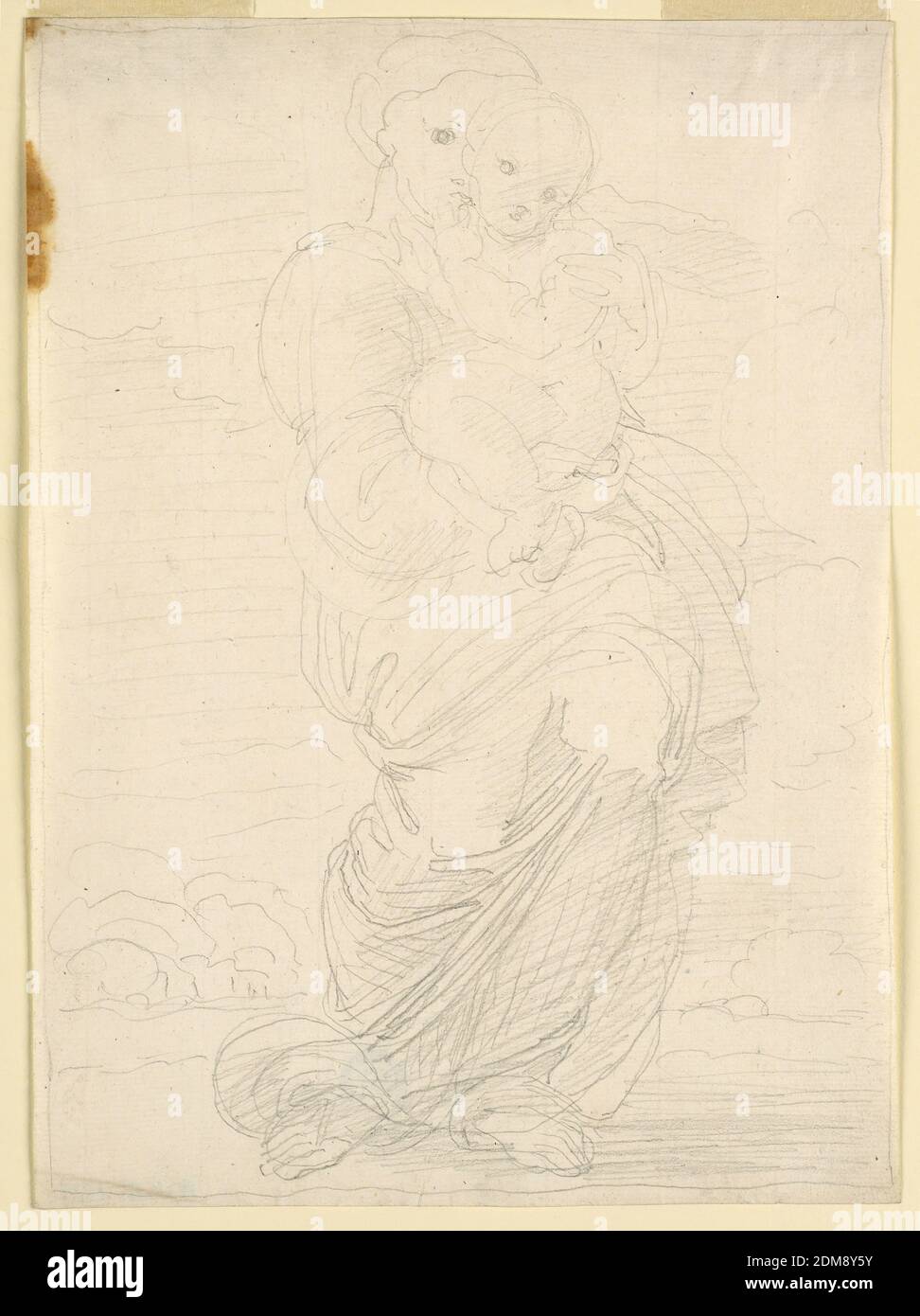 The Virgin and Child, Fortunato Duranti, Italian, 1787 - 1863, Graphite, impressed lines on paper, The Virgin walks through the country, supporting the Child. Framing line., Rome, Italy, 1820–1850, Drawing Stock Photo