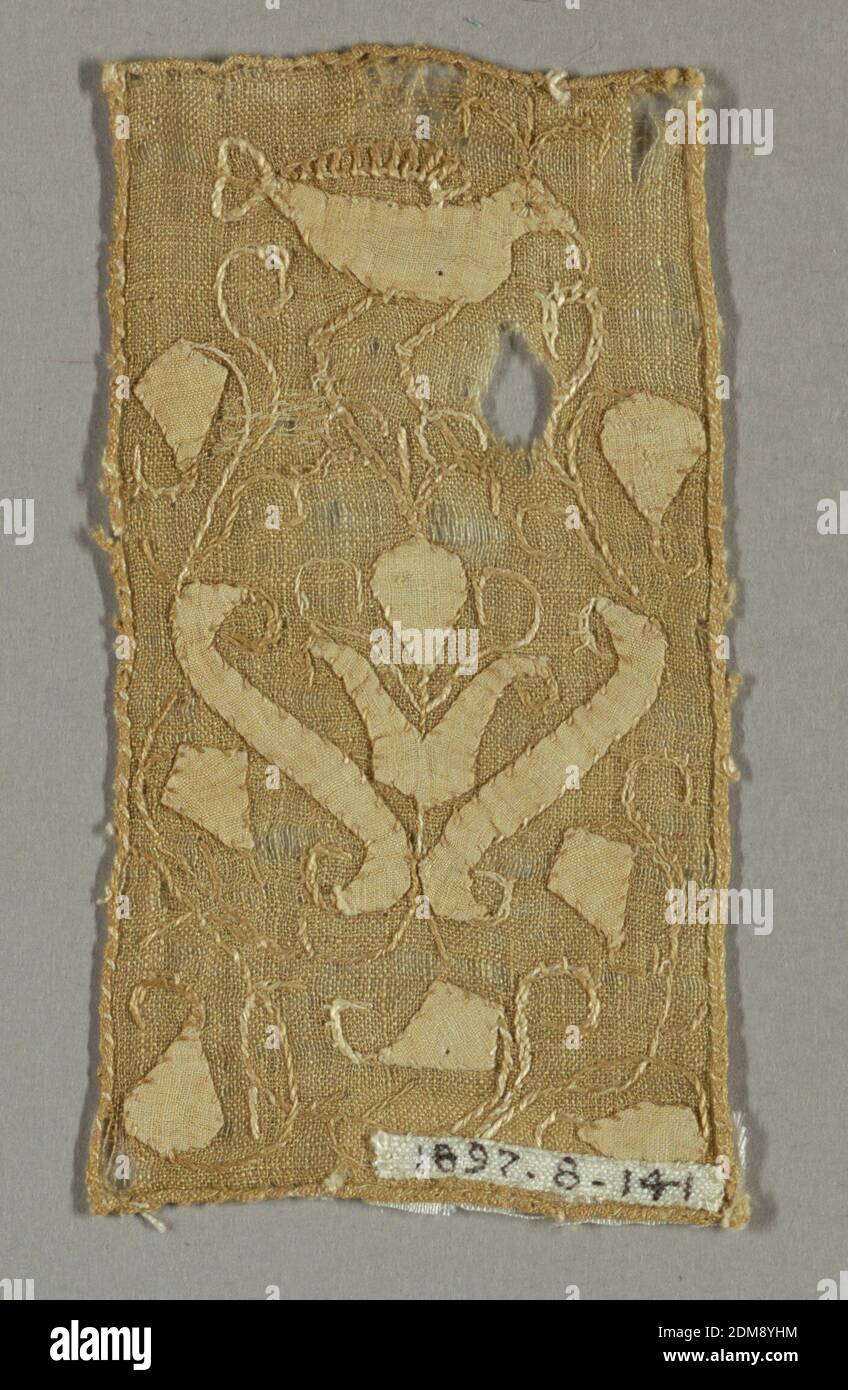 Fragment, Medium: linen Technique: applique and embroidery, Light brown rectangular fragment with a conventionalized design of a bird and scrolling floral forms., Belgium, France, early 17th century, embroidery & stitching, Fragment Stock Photo