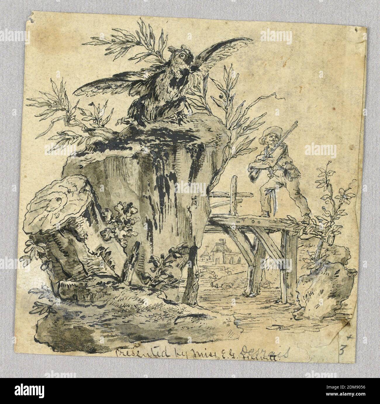 Owl and Figure in Landscape, Pen and ink, brush and gray wash on paper, brush and white gouache on paper, Owl with outstretched wings atop a tree stump in left foreground; figure with gun on wood bridge walking leftward at center right. In the background, town scene., Italy, 17th–19th century, Drawing Stock Photo