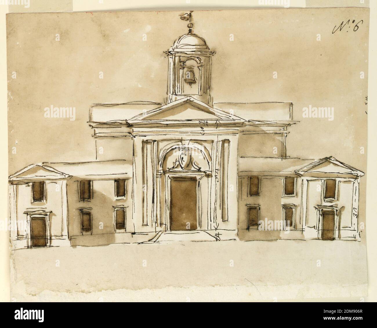 Elevation of a Church for Monte Vergine, Giuseppe Barberi, Italian, 1746–1809, Pen and brown ink, brush and brown wash, graphite, red ink on lined off-white laid paper, Escutcheon over the door. Steeple with bell over the transept. The facade is flanked by two-story structures, each consisting of a wing with two windows in either story, and a projecting wing with a window over a door and a triangular pediment. Some heights are indicated. Fragment of figures, right edge., Rome, Italy, 1784, architecture, Drawing Stock Photo