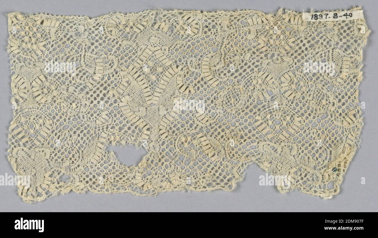 Fragment, Medium: linen Technique: bobbin lace, Binche-style fragment with delicate floral design with many rectangular dots forming geometric ornaments. 'Cinq trous' ground., Belgium, late 17th–early 18th century, lace, Fragment Stock Photo