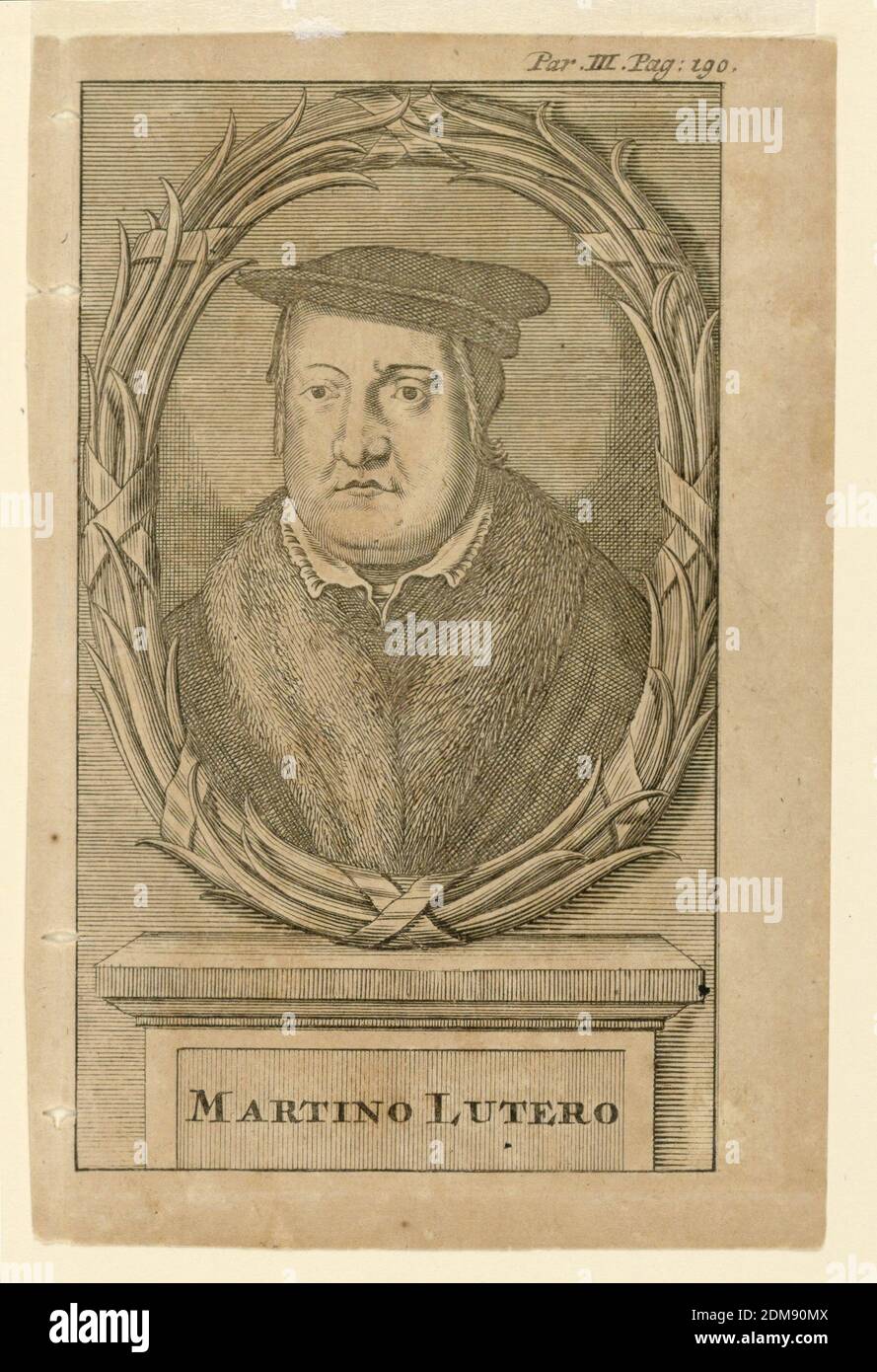 Portrait of Martin Luther (1483-1546), Engraving on paper, Bust-length portrait in frontal view. Luther is wearing a hat and a coat with a fur collar. The portrait is in an oval frame composed of palm leaves and tied with ribbons. It stands on a small inscribed pedestal., Italy, ca. 1725-1750, Print Stock Photo
