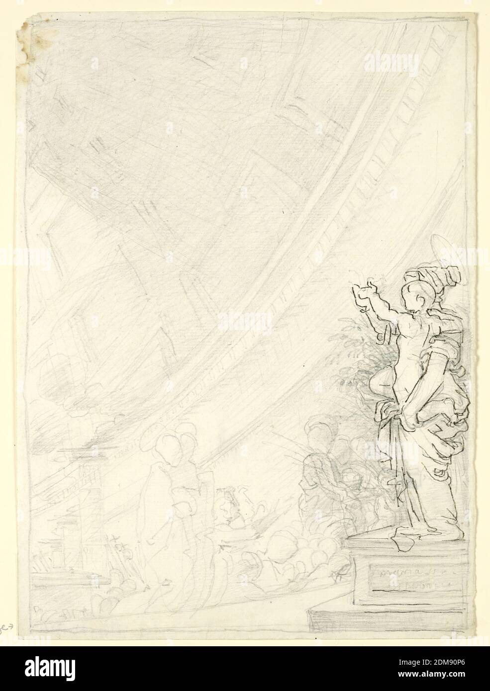 Church Procession, Fortunato Duranti, Italian, 1787 - 1863, Graphite, pen and ink on paper, On a pedestal, right, the full-length figure of the Virgin, supporting the Child on her left hand, facing left in profile. A procession of figures, a few wearing haloes, approach from the left. Perspective view of church and dome in background., Rome, Italy, ca. 1820, Drawing Stock Photo